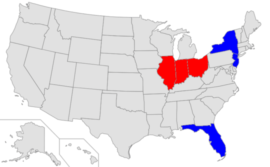 Map of the United states with state borders. Ohio, Indiana and Illinois are colored in red; New York, New Jersey Florida are colored in blue.