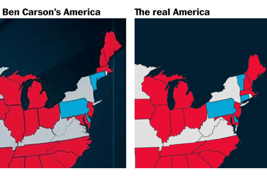 Map with a bunch of states moved to the wrong places (by Ben Carson's campaign team) and a real map of the US next to it