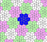The inner of the 7 hexagons is divided into 6 equilateral triangles; the outer six into 3 rhombi each, with alternating parity