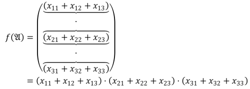 f(A) = (x_11 + x_12 + x_13) ⋅ (x_21 + x_22 + x_23) ⋅ (x_31 + x_32 + x_33)