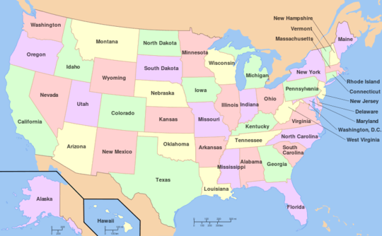 Map of the United States with state borders and names on it