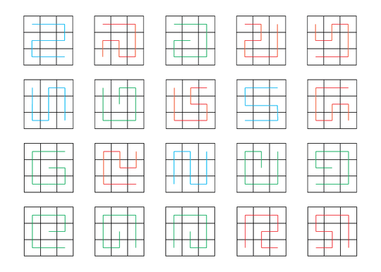 all 20 undirected Hamiltonian paths of a 3&times3; grid