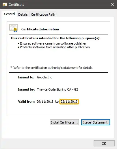 Screenshot of the certificate details. Notice the expiration date.