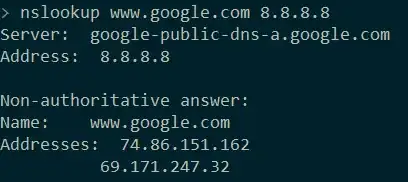Screenshot of nslookup