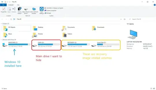 Annotated screenshot of drive list indicating drives to be hidden