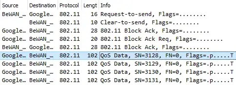 Wireshark: list of 802.11 datagrams