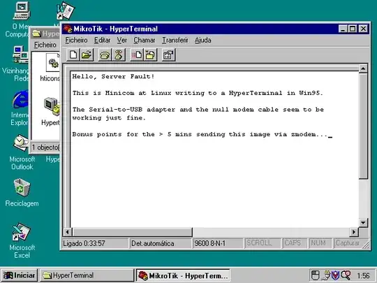 Windows 95 running HyperTerminal, showing text sent from Minicom at Linux, proving the Serial-to-USB cable works fine.