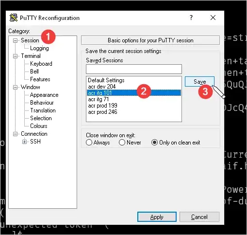 PuTTY Reconfiguration dialog