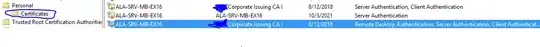 However we can see proper CA-certificate in Personal storage on server in question