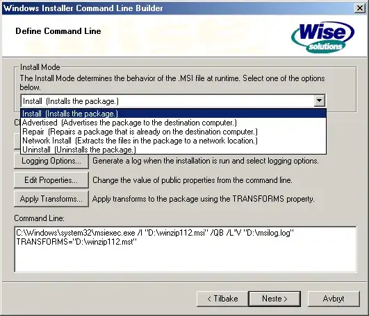 Sample screen from Wise's msiexec.exe command line builder