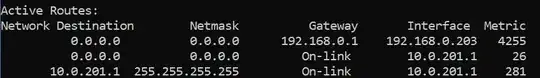 Partial routing table for a Windows client connected to VPN server