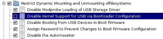 partial screenshot of scap-workbench with the rule "Disable Kernel Support for USB via Bootloader Configuration" unchecked