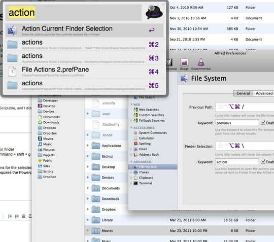 example of Alfred action list for selected Finder item