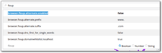 Screenshot of available "fixup" options in about:config