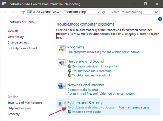 Troubleshooting options - control panel