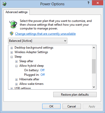 Power Options: Hybrid sleep option in Windows 8