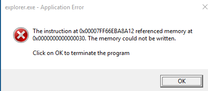Explorer error message showing memory addresses