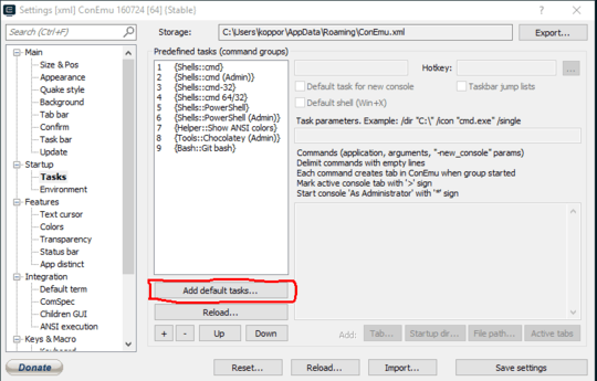 Add default tasks... in ConEmu