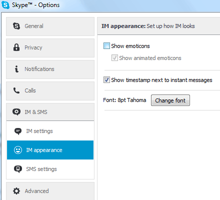 Skype settings screen shot