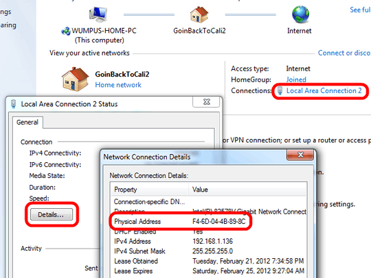 Network and Sharing Center MAC address