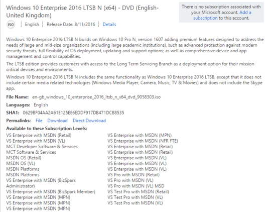 Windows 10 Enterprise 2016 LTSB N MSDN page