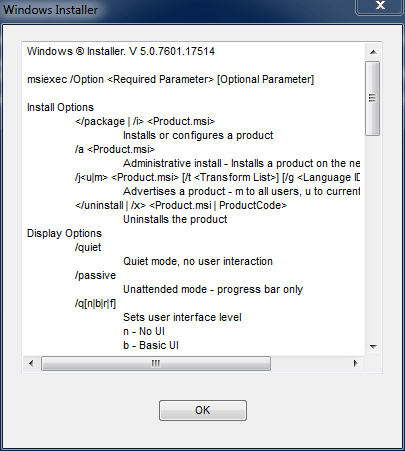 Windows Installer help window
