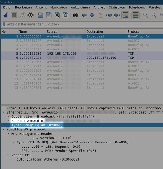 Screenshot of Homeplug AV packets