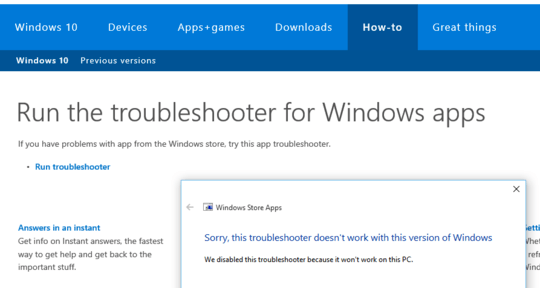 Troubleshooter won't work on Windows 10 even though is from Win10 page