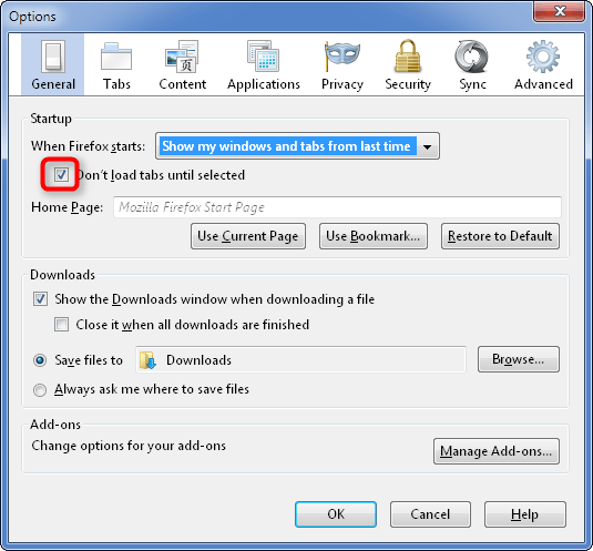 Firefox Options - uncheck load tabs