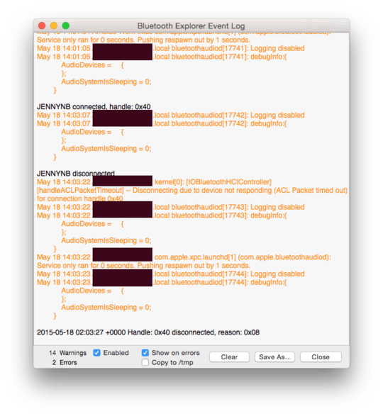 Bluetooth Explorer Event Log