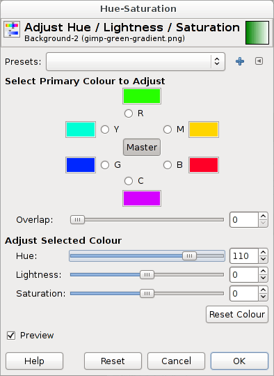 Adjust Hue in Colors -> Hue-Saturation