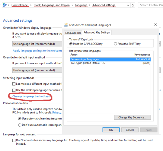 "Control Panel → Clock, Language, and Region → Language → Advanced settings" and "Text Services and Input Languages"