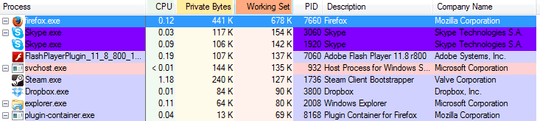 short process list in process explorer, firefox.exe has 678K working set usage