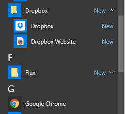 New apps highlighted in start menu