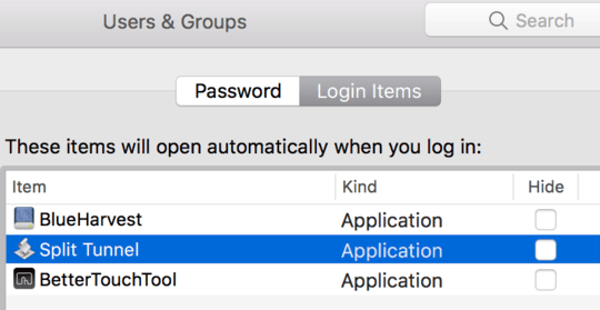 Split Tunnel Login Item