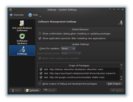 Settings panel from Software Management KCM applet