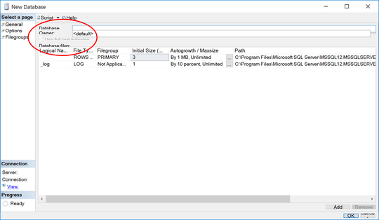 New Database Form in SQL Server Management Studio