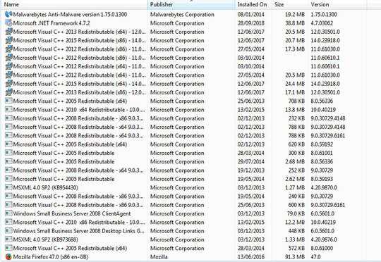 programs and features control panel