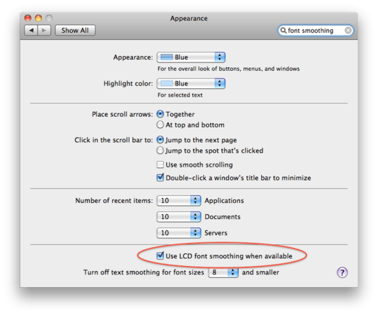 Highlighting "Use LCD Font Smoothing When Available" in Appearance system preference panel