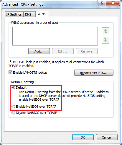 NetBIOS options for the NIC