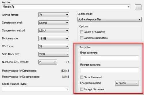 7-Zip archive creation screen with encryption segment highlighted