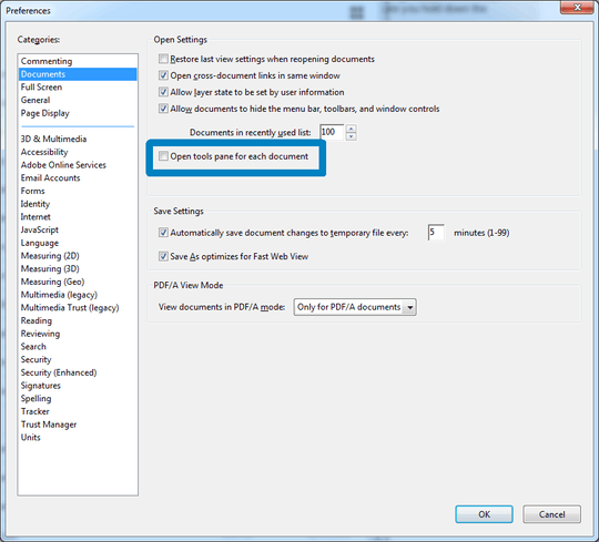 adobe preferences > documents > Open Settings