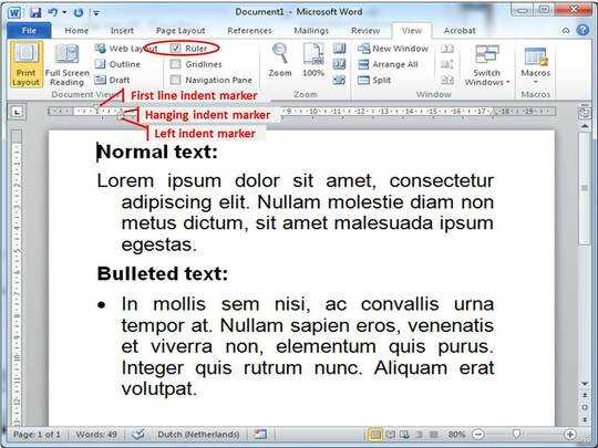 Indent markers in Microsoft Word's ruler