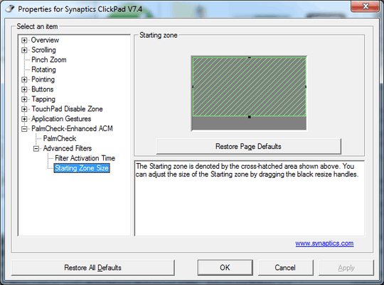 Screenshot of Synaptics Starting Zone Size setting