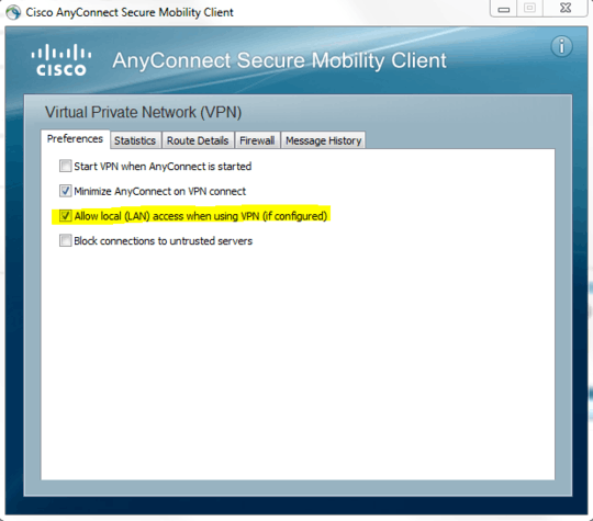 Cisco VPN client: allow access to LAN resources