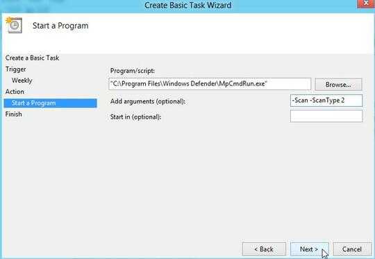 Windows 8, Task Scheduler, Create a Basic Task, Action, Start a Program. Type arguments and click Next.