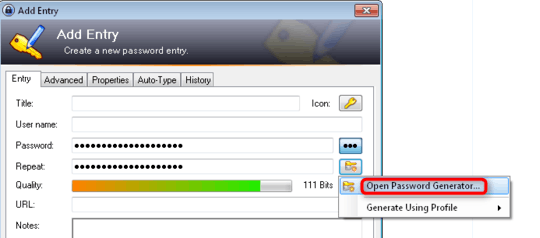 KeePass Generate Password drop-down