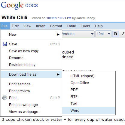 Google Docs export options