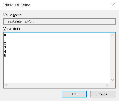 TreatAsInternalPort registry setting