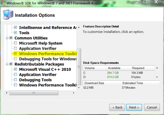 Screenshot of Windows SDK installer, with Windows Performance Toolkit being selected